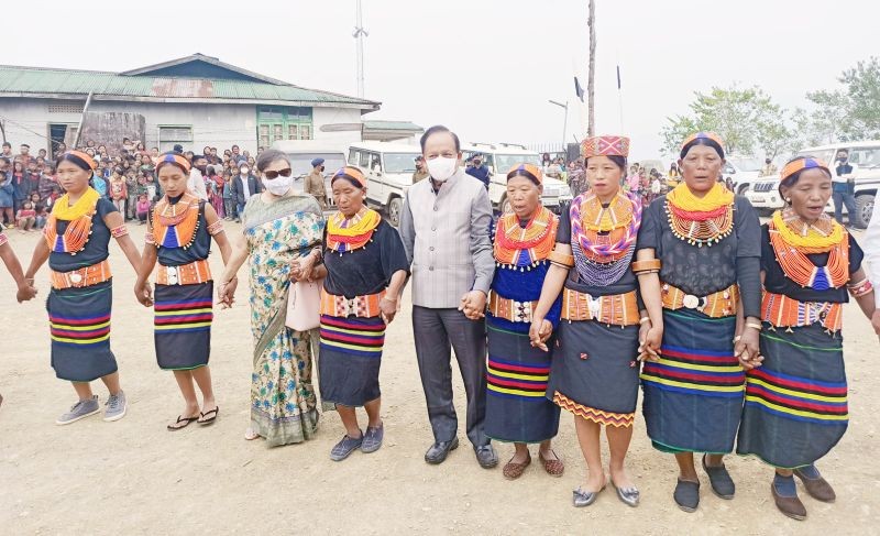 Union Minister Dr Harsh Vardhan joins the cultural troupe during his visit to Longwa village, Mon district along with his wife Nuton Goel on February 26. (Photo Courtesy: LVC)